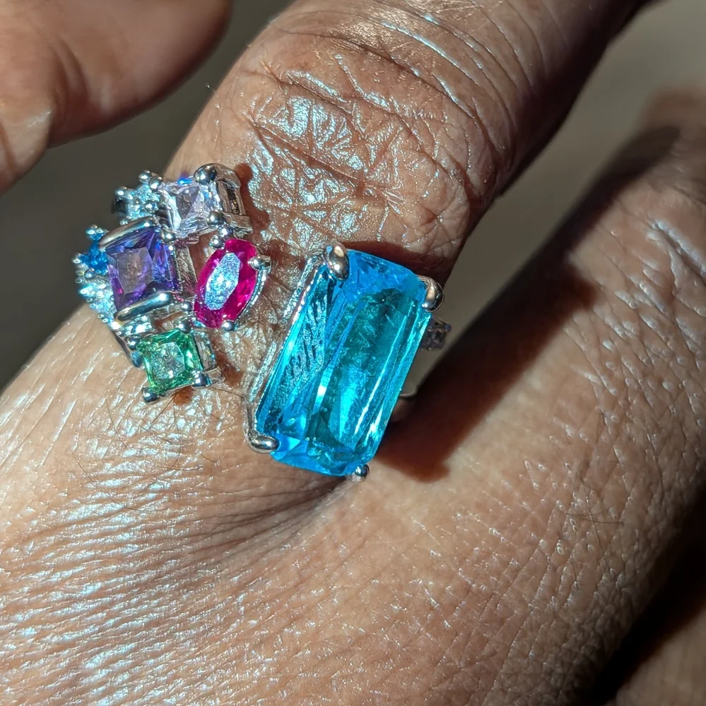 Vibrant Silvery Multi-Gemstone Open Resizable Ring